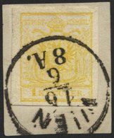 ÖSTERREICH 1Ya BrfStk, 1854, 1 Kr. Gelb, Maschinenpapier, Breitrandiges Kabinettstück Auf Briefstück, Marke Zur Kontroll - Otros & Sin Clasificación