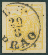 ÖSTERREICH BIS 1867 1Yd O, 1854, 1 Kr. Kadmiumgelb, Maschinenpapier, Type III, K1 B.H. PRAG, Breitrandig, Pracht, Fotobe - Other & Unclassified
