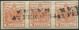 ÖSTERREICH 3Y O, 1854, 3 Kr. Rot, Maschinenpapier, Im Waagerechten Dreierstreifen, Mit Plattenfehler Innenrahmen Durchbr - Otros & Sin Clasificación