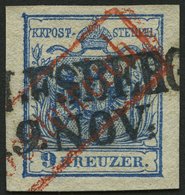 ÖSTERREICH 5X O, 1850, 9 Kr. Blau, Handpapier, Type IIIa, L2 Und Roter R1 Aus Österreich, Pracht, R! - Otros & Sin Clasificación