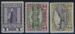 ÖSTERREICH 1867-1918 153-55 *, 1908, 1 - 5 Kr. Regierungsjubiläum, Falzreste, 3 Prachtwerte, Mi. 135.- - Other & Unclassified