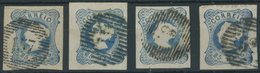 PORTUGAL 2 O, 1853, 25 R. Blau, 4 Werte Mit Verschiedenen Nummernstempeln, U.a. 157, Feinst/Pracht - Sonstige & Ohne Zuordnung