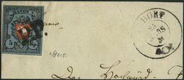 SCHWEIZ BUNDESPOST 7II BrfStk, 1850, 5 Rp. Schwarz/zinnoberrot Auf Blau, Ohne Kreuzeinfassung, Auf Großem Briefstück Mit - 1843-1852 Kantonalmarken Und Bundesmarken