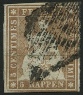 SCHWEIZ BUNDESPOST 13Ib O, 1854, 5 Rp. Braun, 2. Münchener Druck, (Zst. 22A3a), Unten Rechts Berührt Sonst Allseits Voll - 1843-1852 Kantonalmarken Und Bundesmarken