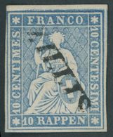 SCHWEIZ BUNDESPOST 14IIBym O, 1859, 10 Rp. Lebhaftblau, Berner Druck III, (SH-Nr. 23B4.a), Diagonaler L1 ZILLIS, Vollran - 1843-1852 Poste Federali E Cantonali
