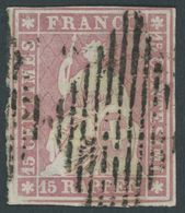 SCHWEIZ BUNDESPOST 15Ib O, 1854, 15 Rp. Hellilakarmin, 2. Münchner Druck, (Zst. 24A), Seidenfaden Ausgezogen Sonst Prach - 1843-1852 Federal & Cantonal Stamps