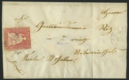 SCHWEIZ BUNDESPOST 15Ib BRIEF, 1855, 15 Rp. Hellilakarmin, 2. Münchner Druck, (Zst. 24Ad), Oben Teils Angeschnitten Sons - 1843-1852 Kantonalmarken Und Bundesmarken