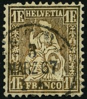 SCHWEIZ BUNDESPOST 28a O, 1863, 1 Fr. Goldbronze (gelblich), Feinst (kleine Zahnfehler), Mi. 420.- - 1843-1852 Federal & Cantonal Stamps