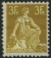 SCHWEIZ BUNDESPOST 110 *, 1908, 3 Fr. Schwärzlichgraugelb/mattgelb, Falzreste, Feinst, Mi. 320.- - 1843-1852 Kantonalmarken Und Bundesmarken