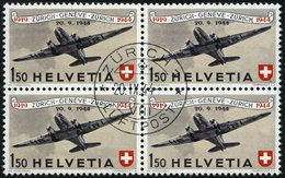 SCHWEIZ BUNDESPOST 438 VB O, 1944, 1.50 Fr. 25 Jahre Flugpost Im Zentrisch Gestempelten Viererblock, Pracht - 1843-1852 Correos Federales Y Cantonales