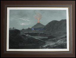 HEKLA (Parti Ved Hekla Seet Fra Selsund), Vulkanausbruch Bei Mondschein, Lithographie Mit Tonplatte Von J. Hellsen Nach  - Lithographien
