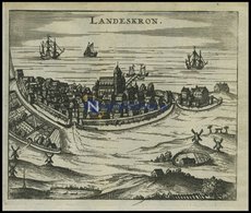 LANDSKRONA, Gesamtansicht Mit Reizender Schiffsstaffage, Kupferstich Von Zeiller 1655 - Litografía