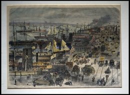 USA: New York, Der Hafen Mit Docks An Der West-Side Mit Schöner Fuhrwerks -und Personenstaffage, Kolorierter Holzstich U - Litografia