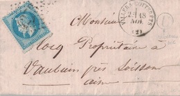 AISNE - VILLERS-COTTERETS - 18-11-1869 - BOITE RURALE U DE VIVRERES - LETTRE AVEC TEXTE ET SIGNATURE (P1) - 1849-1876: Classic Period