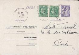 Entier CP 1.2 Iris Violet + YT 680 X2 CAD Saint Renan Finistère 13 6 48 Repiquage M Mercier Pharmacien Storch C1C1 - Overprinter Postcards (before 1995)