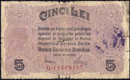 Romania, 5 Lei 1917 "F" Banknote Overprint - RARE - German Occupation WW1 - Romania