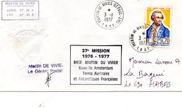 Taaf Amsterdam Base Martin Du Vivies Le 3/1/1977 James Cook Cachet  Passage Du Cap-Horn Signature Du Gérant Postal - Usados