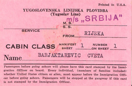 YUGOSLAV LINE , M/S SRBIJA CABIN CLASS 1959 - Europa