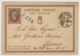 CARTOLINA  POSTALE   DIECI  CENTESIMI  PER  LIVORNO    1876   (VIAGGIATA) - Interi Postali