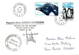 TAAF. N°87-8 De 1980 Sur Enveloppe Polaire De 1981. Manchot D'Adélie/Marion Dufresne. - Faune Antarctique