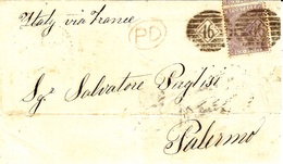 1865- Letter From LONDON To Palermo ( Italy )  " Italy Via France "  Fr. 6 Pence Y & T N°29  Pl.5 - Cartas & Documentos