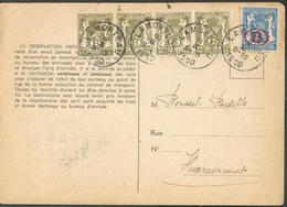 Sceau De L'Etat 10c. (bande De 4) + 50c. 'B' Obl. Sc LAMORTEAU Sur Carte Des Chemins De Fer Du 9-II-1950 + (verso) Griff - Altri & Non Classificati