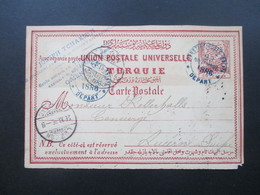 Türkei Ganzsache 1886 Blaue Stempel Constantinople Galata Depart Und Bahnpoststempel Schweiz Ambulant - Covers & Documents