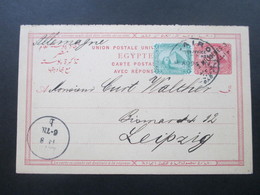 Ägypten 1894 Doppelkarte Frage / Antwortkarte Mit Aufdruck Und Zusatzfrankatur Nach Leipzig! - 1866-1914 Khedivate Of Egypt