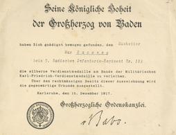 Regiment Nr. 113 5. Badisches Inf. Regt. Verleihungsurkunde Silberne Verdienstmedaille Am Bande 1917 I-II - Reggimenti