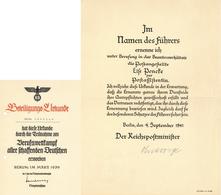 Ernennungsurkunde Zur Postassistentin Mit Unterschrift Reichspostminister Ohnesorge Und 1 Beteiligungs Urkunde Berufswet - Guerra 1939-45