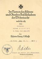 Verleihungsurkunde WK II Eiserne Kreuz 1. Klasse Unterschrift Ritterkreuzträger Höcker, Hanskurt Generalleutnant I-II - Guerra 1939-45