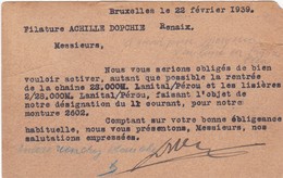 D476 COMMANDE - Envoi Du 22 Février 1939 - EMILE MOSBERG FILS à FILATURE ACHILLE DOPCHIE - RENAIX - Kleidung & Textil