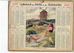 CALENDRIER - ALMANACH POSTES Et TELEGRAPHES 1929 - Vieux Moulin à Vent Du Morbihan - Berger Bergere - Mouton - Vache - Big : 1921-40