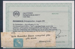 O 1851 Hírlapbélyeg I.a Típus, Zöldeskék, Bordázott Papír újságszalagon Sümegre, Bélyegzés Nélkül. Certificate: Steiner - Other & Unclassified