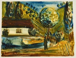Olvashatatlan Jelzéssel: Ház A Völgyben. Akvarell, Papír, Ki Szakadással, 24×31 Cm - Andere & Zonder Classificatie