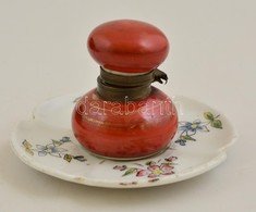 Virágmintás Porcelán Tintatartó, Kézzel Festett, Jelzett, Kis Kopásnyomokkal, Jelzés Nélkül, D: 9,5 Cm, M: 6 Cm - Altri & Non Classificati