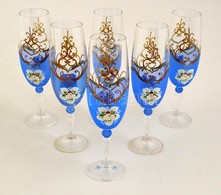 Virágmintás Festett üveg Pezsgőspoharak, 6 Db, Hibátlanok, M: 20 Cm - Verre & Cristal