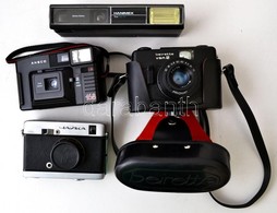 4 Db Fényképezőgép (Hanimex Tele 110 TF 25mm/45mm, Ansco 168 F5.6 33mm Objektívvel, Tokban, Csajka Industar-69 28mm F/2. - Fotoapparate