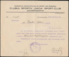 1924 Dr. Zsakó István Dicsőszentmártoni (Erdély) 'Dacia' Sportklub Teniszkapitánnyá Történő Megválasztása Alkalmából Kit - Zonder Classificatie