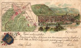 T3 1899 Brassó, Brasov, Kronstadt; Látkép, Térkép, Címer / General View, Map, Coat Of Arms, Verlag W. Hiemesch, Geograph - Non Classés