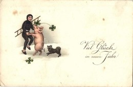 T2/T3 'Viel Glück Im Neuen Jahr' / New Year Greeting Postcard, Chimney Sweeper, Pig, Clovers, Litho (EK) - Ohne Zuordnung