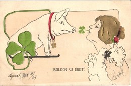 T2 1902 Boldog új évet! / New Year Greeting, Pig, Clover, Emb. - Non Classés