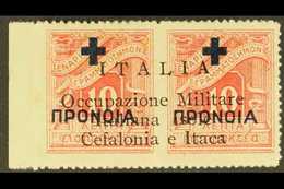 CEFALONIA & ITHACA 1941 10 + 10L Red Charity Overprint On Postage Due, Horizontal Pair, Sass 28, Mint Couple Tone Spots  - Altri & Non Classificati