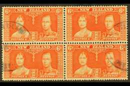 1937 6d Red-orange Coronation Of New Zealand, A Fine Used Block Of Four Showing Two Part "PITCAIRN ISLAND" Cds Cancels O - Pitcairninsel