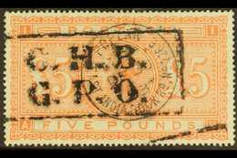 1867-83 £5 Orange On White Paper, SG 137, Used With East India Dock Rd Cds & Framed Parcel Cancel With Strong Fresh Colo - Altri & Non Classificati