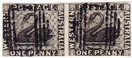 1854 1 D Schwarz Horizontales Paar Vollrandig Leicht Gestempelt, Ungezähnt - Used Stamps