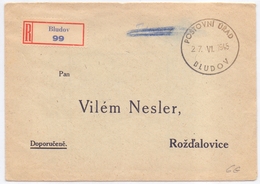 Tchecoslovaquie Lettre Recommandée Provisoire Postovni Urad Bludov - Lettres & Documents