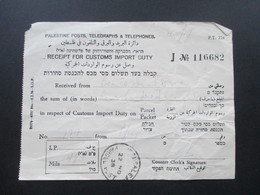 Palästina 1938 Jerusalem Parcel Post Receipt For Customs Import Duty. Judaika. Fiskalmarken?! Palestine Post - Palästina