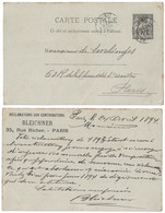 ENTIER Avec REPIQUAGE " BLEICHNER PARIS / RECLAMATIONS CONTRIBUTIONS " Sur CARTE POSTALE SAGE 10c CAD PARIS 1894 - Bijgewerkte Postkaarten  (voor 1995)