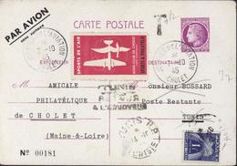 Entier CP 1.5 Lilas Rose Cérès Mazelin Par Avion Repiqué Amicale Philatélique Cholet Vignette Sports De L'air Aéro Club - Overprinter Postcards (before 1995)